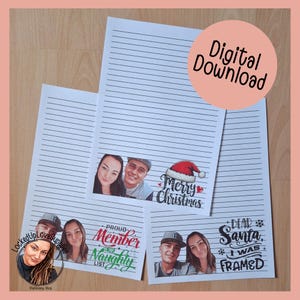 May include: White lined stationery sheets with printed images and text. One sheet has a "Merry Christmas" graphic with a Santa hat. Another says "Proud Member of the Naughty List". A third says "Dear Santa I was Framed". A pink circle says "Digital Download".