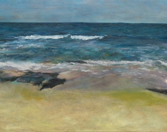 The ocean awakens - Reflecting upon the morning seascape on a sandy beach. Digital print reproduced from original oil painting.