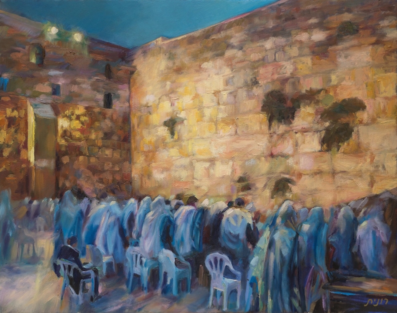 Morning prayer at the Kotel (The Wailing wall). Judaica art print reproduced from original oil painting. Jewish spirituality. Beautiful image 1