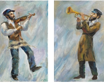 Klezmers, the Jewish musicians. Pair of Judaica art prints reproduced from original oil paintings. Music prayer.