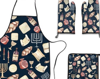 Judaica Kitchen set 4pc, Apron, Insulation gloves, Menorah, Pesach and Passover pattern, gift.