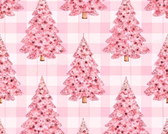 May include: A pink and white gingham background with a repeating pattern of pink glitter Christmas trees.