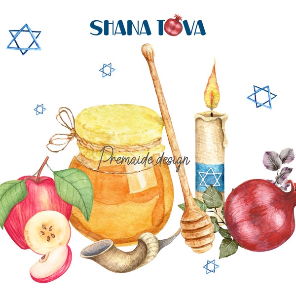 Shana Tova Watercolor hand painted PNG Sublimation file. Clip art, Honey and apple fruits with candle, David Star, Jewish tradition.