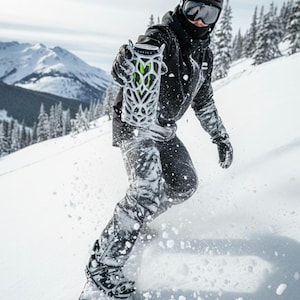 May include: A snowboarder carves down a snowy slope, holding a decorative, open-work container with green accents. The person wears a black helmet, goggles, and winter gear. The background features snow-covered mountains and trees.