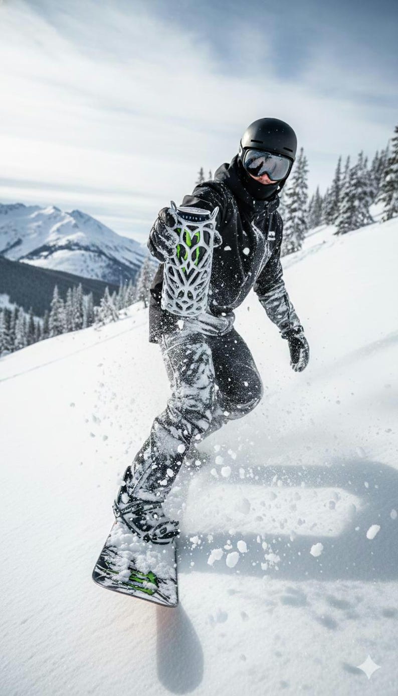 May include: A snowboarder carves down a snowy slope, holding a decorative, open-work container with green accents. The person wears a black helmet, goggles, and winter gear. The background features snow-covered mountains and trees.