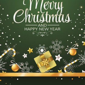 May include: A festive Christmas and New Year's greeting card design. The background is a deep green with white text that reads "Merry Christmas AND Happy New Year." Gold and silver accents include snowflakes, stars, candy canes, and a wrapped gift.