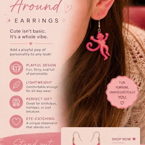 May include: A pair of pink monkey-shaped dangle earrings with gold-toned hooks. The text on the image reads: MONKEY Around EARRINGS, Cute isn't basic. It's a whole vibe. Add a playful pop of personality to any look! PLAYFUL DESIGN, LIGHTWEIGHT, PERFECT GIFT, EYE-CATCHING, Stand out. SPARK SMILES. FUN. FEMININE. UNAPOLOGETICALLY YOU. SHOP NOW, Limited stock - grab yours before they're gone! HANDMADE WITH LOVE, SMALL BATCH, MADE TO SPARK JOY.