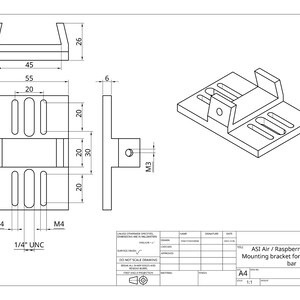 Pu&ograve; includere: Un disegno tecnico di un supporto di montaggio per un Raspberry Pi o un dispositivo ASI Air. Il supporto &egrave; progettato per adattarsi sotto una barra a coda di rondine. Il disegno include dimensioni in millimetri e mostra il posizionamento dei fori di montaggio.