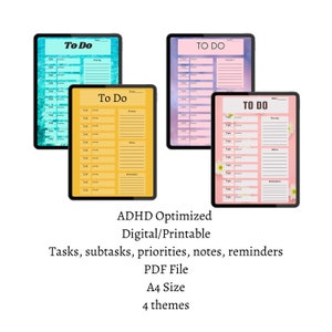 Pode incluir: Quatro modelos de lista de tarefas digitais imprimíveis exibidos em telas de tablet. Os modelos apresentam diferentes fundos e designs de cores, incluindo um padrão de água azul e verde, um degradado rosa e roxo, um padrão floral amarelo e branco e um padrão floral rosa e branco. Cada modelo inclui seções para tarefas, subtarefas, prioridades, notas e lembretes.
