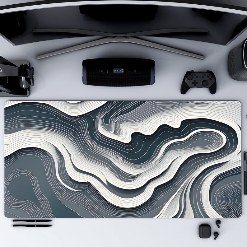 Black and White Topo Mat Minimalist Topographic Map Desk Mat