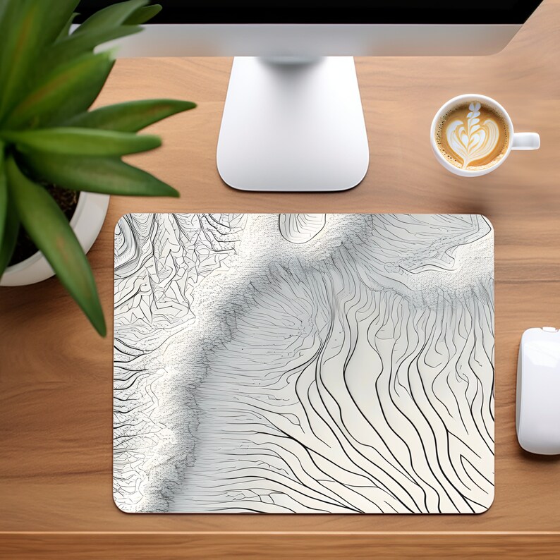 White and Black Topo Mat Minimalist Topographic Map Desk Mat