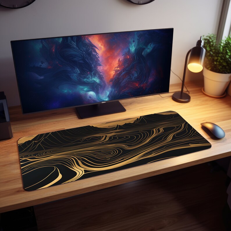 Black and Gold Topo Mat Minimalist Topographic Map Desk Mat Topographic