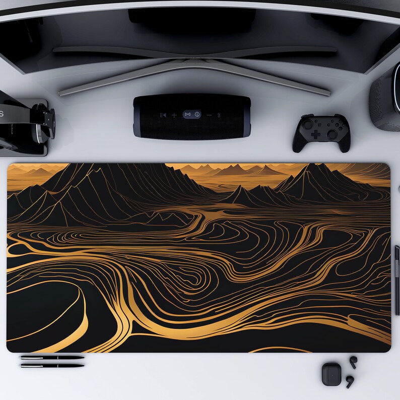 Black and Gold Topo Mat Minimalist Topographic Map Desk Mat Topographic