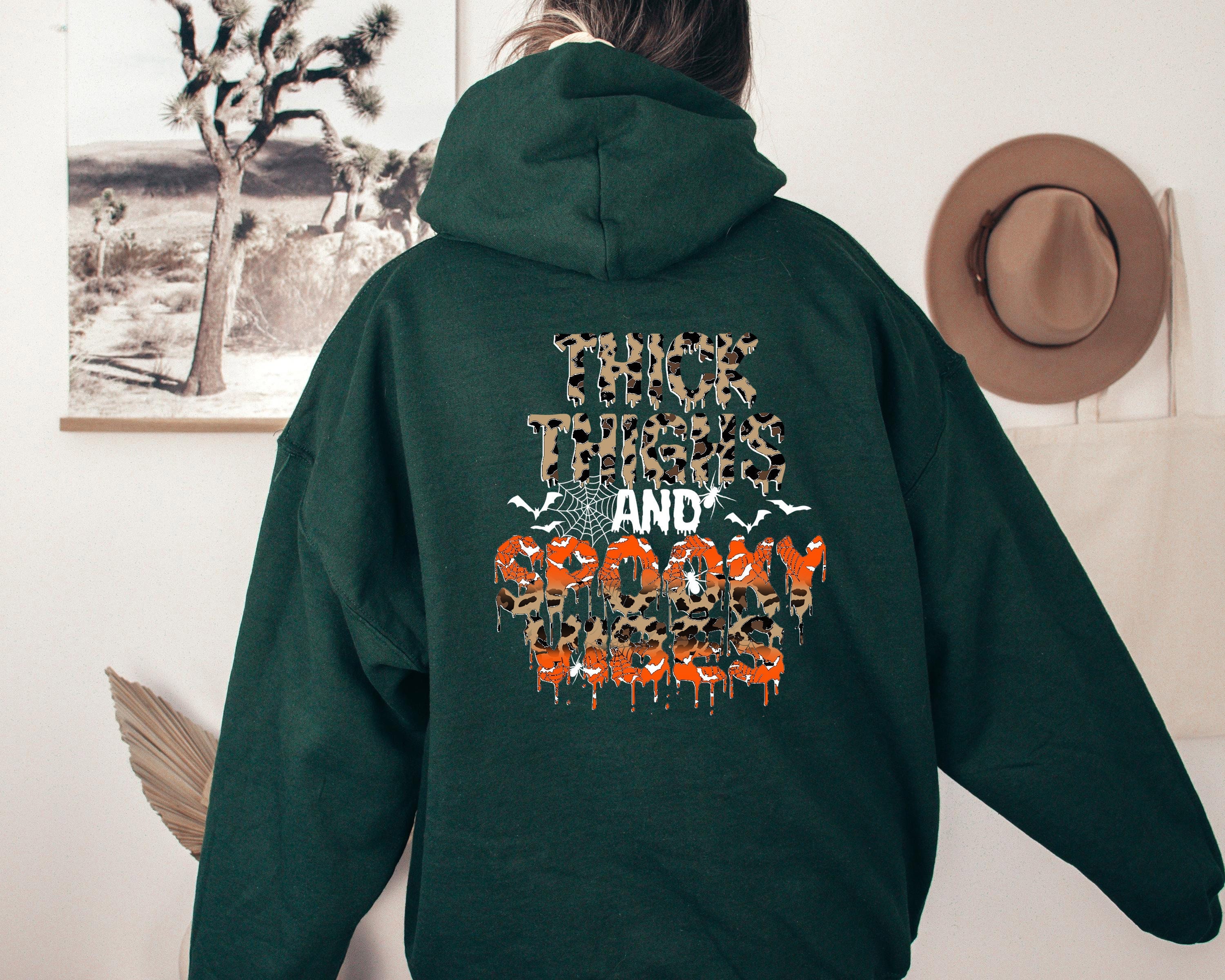 Discover Thick Thighs And Spooky Vibes, Halloween Womens Hoodie, Halloween Pullover, Funny Halloween Hoodie, Halloween Party Hoodie, Fall Sweatshirts