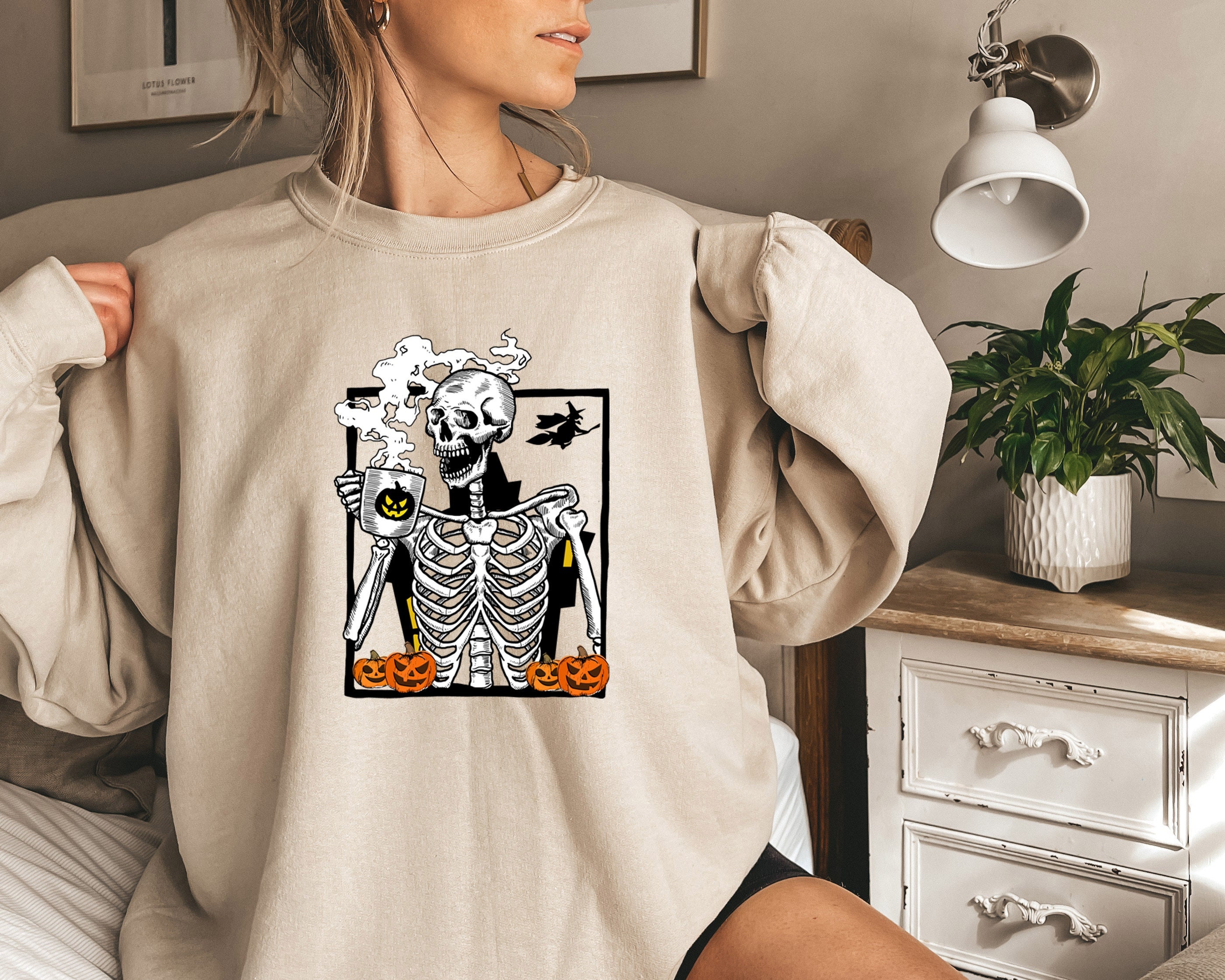 Discover Hot Coffee Skeleton Sweatshirt, Skeleton Drinking Coffee Shirt, Skeleton Halloween, Skeleton Halloween Shirt, Skull Tee, Halloween Shirts