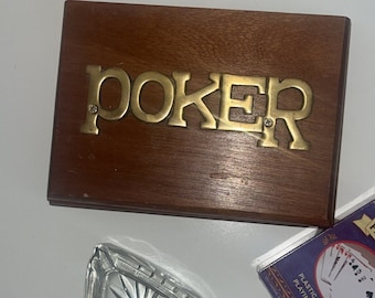 May include: A wooden box with a brass plaque that reads "POKER".