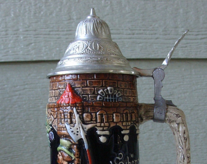 Vintage DBGM DRM German Stoneware Beer Stein, Pewter Hinged Lid, 550 Ml