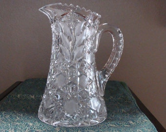 American Brilliant Period Clear Cut Glass Pitcher with Thistle Flowers, Etched Leaves, Star of David, Geometric Hobnail and Hobstar Designs