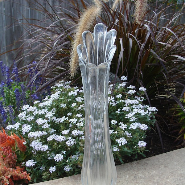 Vintage Clear Glass Swung Vase with Tapered Petal Opening and Flower Shaped Base