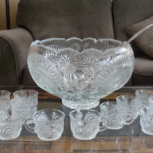 Vintage Pinwheels & Stars Pressed Glass Punch Bowl and 12 Matching Cups by Smith Glass Co.