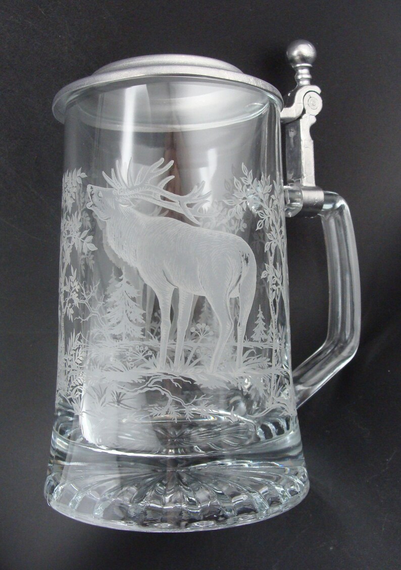Vintage AWLE Pewter Lid Glass Stein With Etched Elk in Woods Theme ...
