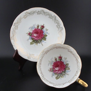 Vintage Norcrest Fine China Teacup and Saucer, Pink Rose, Blue Flowers, Gold Floral Accents
