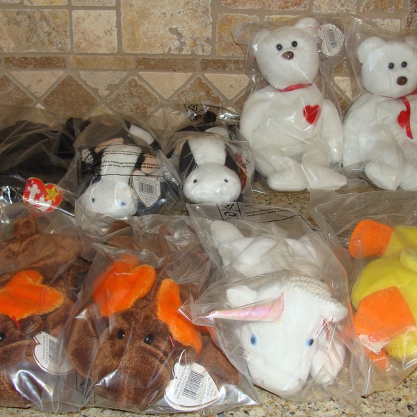 Pre-owned 1993 and 1994 Ty Beanie Original Babies with Errors!  Chocolate, Blackie, Daisy, Mystic, Quackers and Valentino