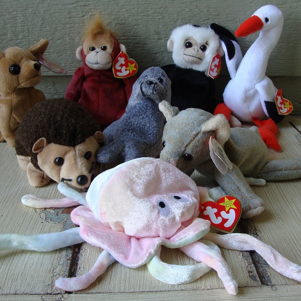 1998 and 1999 Retired Ty Original Beanie Babies with Errors!  Goochy, Mooch, Prickles, Scat, Schweetheart, Slippery, Stilts, Tiny and Hippie