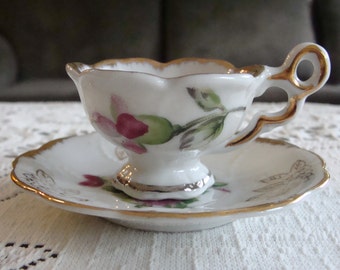 1960s Miniature Porcelain Souvenir Cup and Saucer Pink and Red Roses