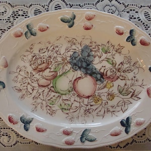 Vintage Large Oval Ceramic Platter with Fruit/Floral Theme-Japan