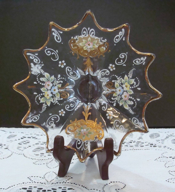 Vintage Clear Glass Dish with Hand Painted Pastel Flowers and Gold Trim