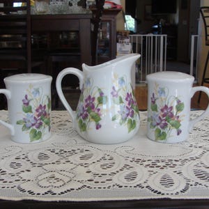 Vintage BIA Cordon Bleu Creamer, Salt and Pepper Shakers, Blue and Purple Flowers