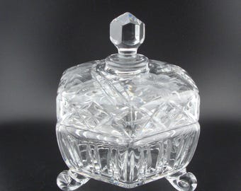 Vintage Tri-footed Six-Sided Crystal Dish with Lid, Criss-Cross, Vertical Cuts, Fan and Etched Flower Design