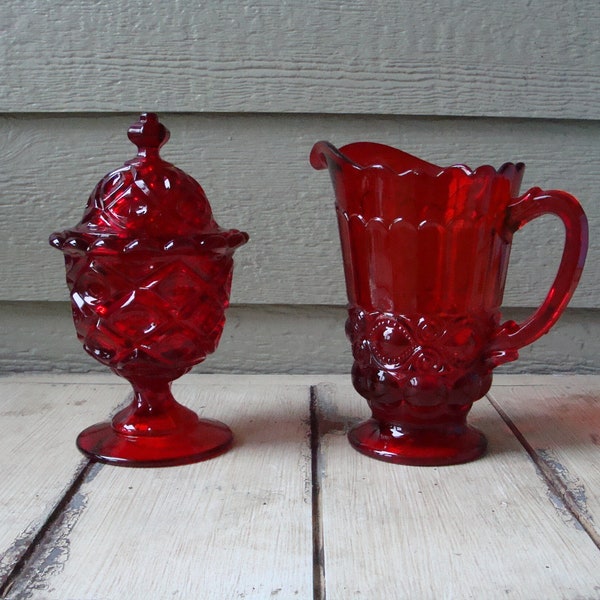 Vintage Ruby Red Glass Pitcher and Candy Dish with Lid