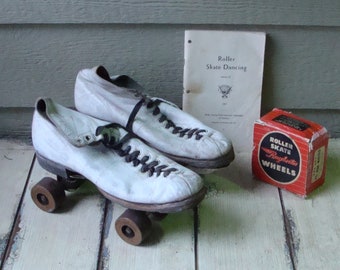 Vintage 1950s Chicago Roller Skate Co White Leather Roller Skates, with Extra Wheels and 1957 Roller Skate Dancing Manual