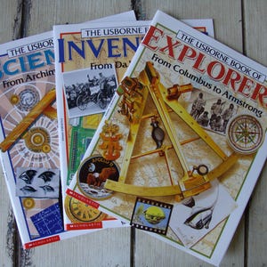 Three Vintage Scholastic Learning Books: Usborne Books of Scientists, Inventors and Explorers, For Ages 8-12, 1990s