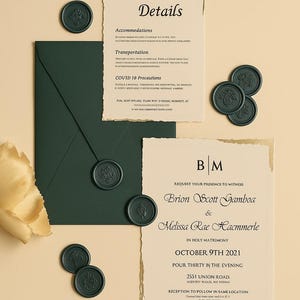 Gold Foil Acrylic Wedding Invitation Set: Green Envelope & Wax Seal