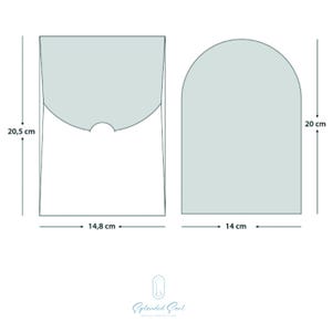May include: Two light grey paper envelope designs. One is rectangular, 14.8 cm wide and 20.5 cm tall, with a curved flap. The other is arched, 14 cm wide and 20 cm tall. The logo "Splended Seal" is at the bottom.