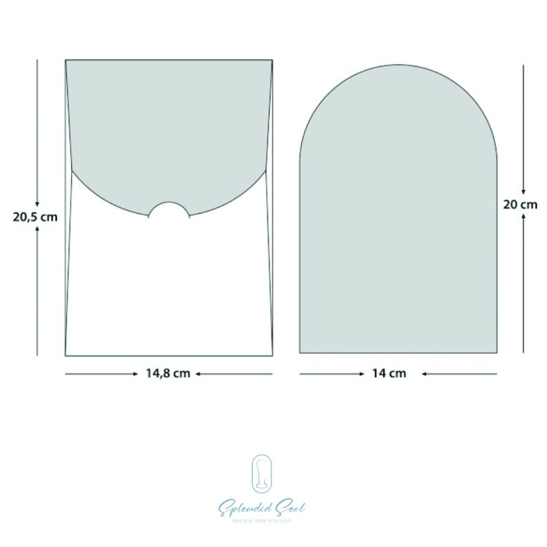 May include: Two light grey paper envelope designs. One is rectangular, 14.8 cm wide and 20.5 cm tall, with a curved flap. The other is arched, 14 cm wide and 20 cm tall. The logo "Splended Seal" is at the bottom.
