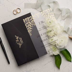 Gefrostete Acrylhochzeitskarte, Hochzeitseinladung Unendlichkeit, schwarze Hochzeit einladen, gefrostete transparente Einladung, Luxuseinladung, echte Folie
