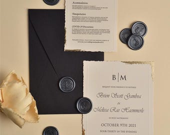 Elegant Gold Foil Wedding Invitation Set – Black Envelope & Wax Seal