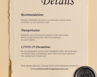 Wedding Detail Card | Directions, Accommodation, RSVP, Gift Registry, Itinerary, Dress Code