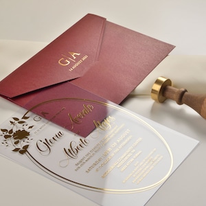 Impressão em folha linda, convites de casamento em acrílico, lacre de cera personalizado, convite de casamento Borgonha, convite para chá de panela, folha real