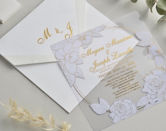 White Floral Acrylic Wedding Invitations with Envelope