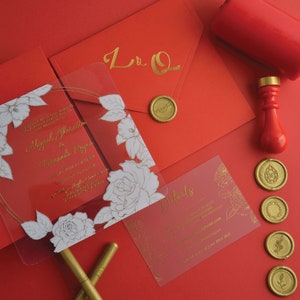 Rote Hochzeitseinladungen, Hochzeitseinladung aus klarem Acryl, minimalistisches Design, Prächtige Hochzeitseinladungen, Acryleinladungen, echte Folie