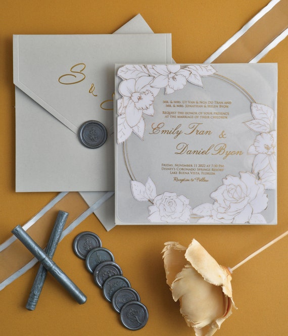 Acrylic Wedding Invitations: Clear Invitation with Grey Envelope