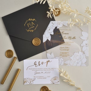 Faire-parts de mariage en acrylique, Faire-parts fleuris blancs, Faire-parts de mariage uniques, Cartes transparentes et transparentes, Enveloppe noire, Cartes d'invitation