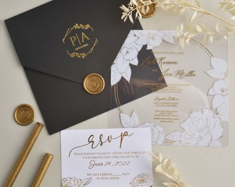 White Floral Acrylic Wedding Invitations with Black Envelope