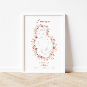 Boho poster, baby and child room decoration, girl birth gift, line art and watercolor dried terracotta flowers