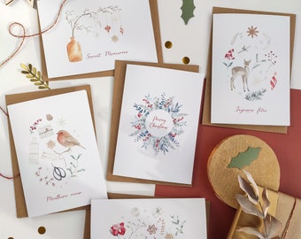 Lot de 5 cartes de vœux réalisées à l'aquarelle / carte de Noël